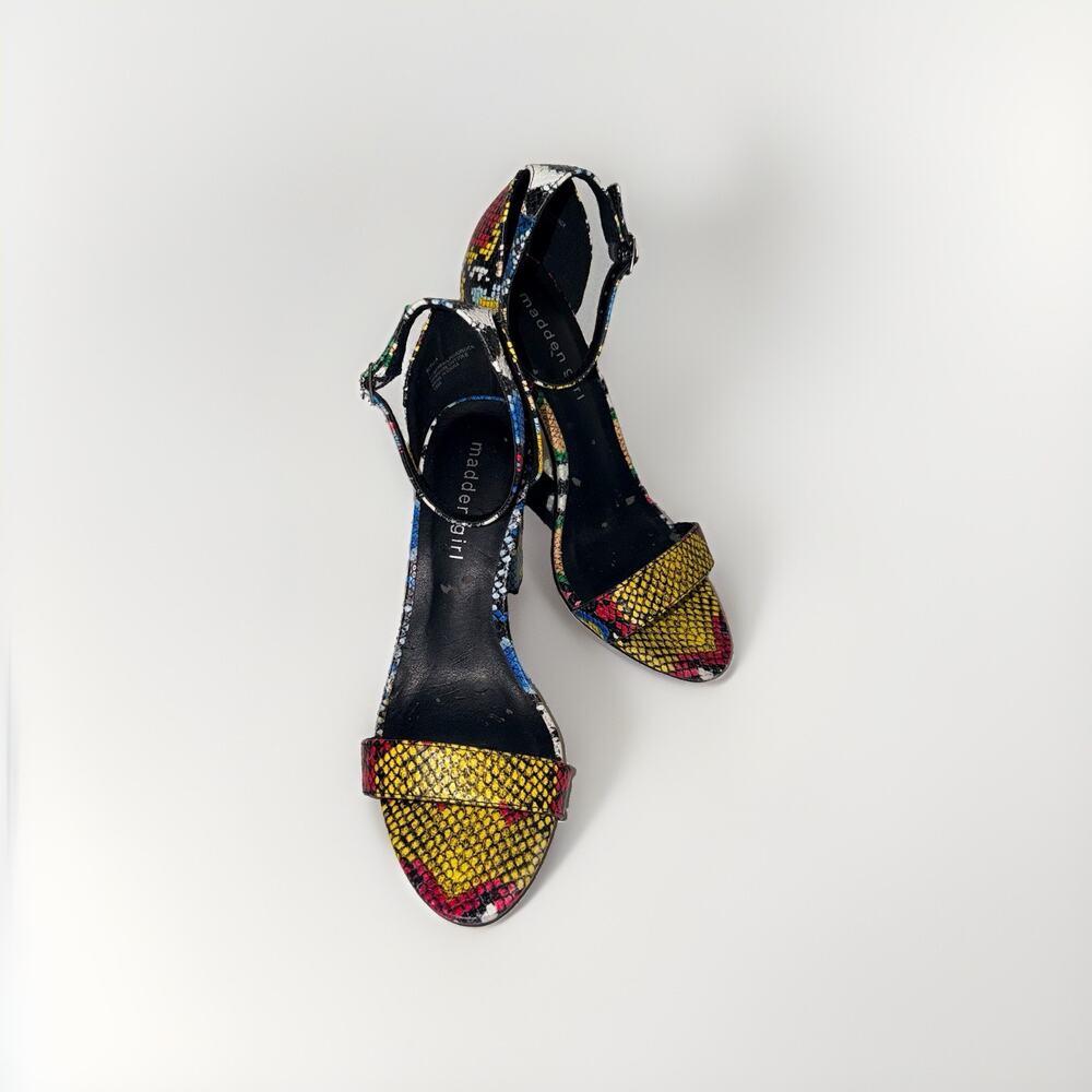 Madden Girl Beella Multi Color Snakeskin Block Heel Ankle Strap Sandals